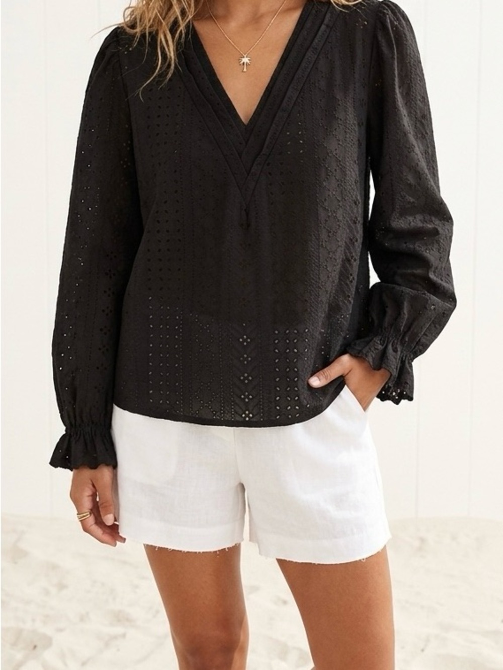 CUPSHE Black Eyelet Broderie Anglaise V-Neck Puff Sleeve Boho Blouse - Size S
